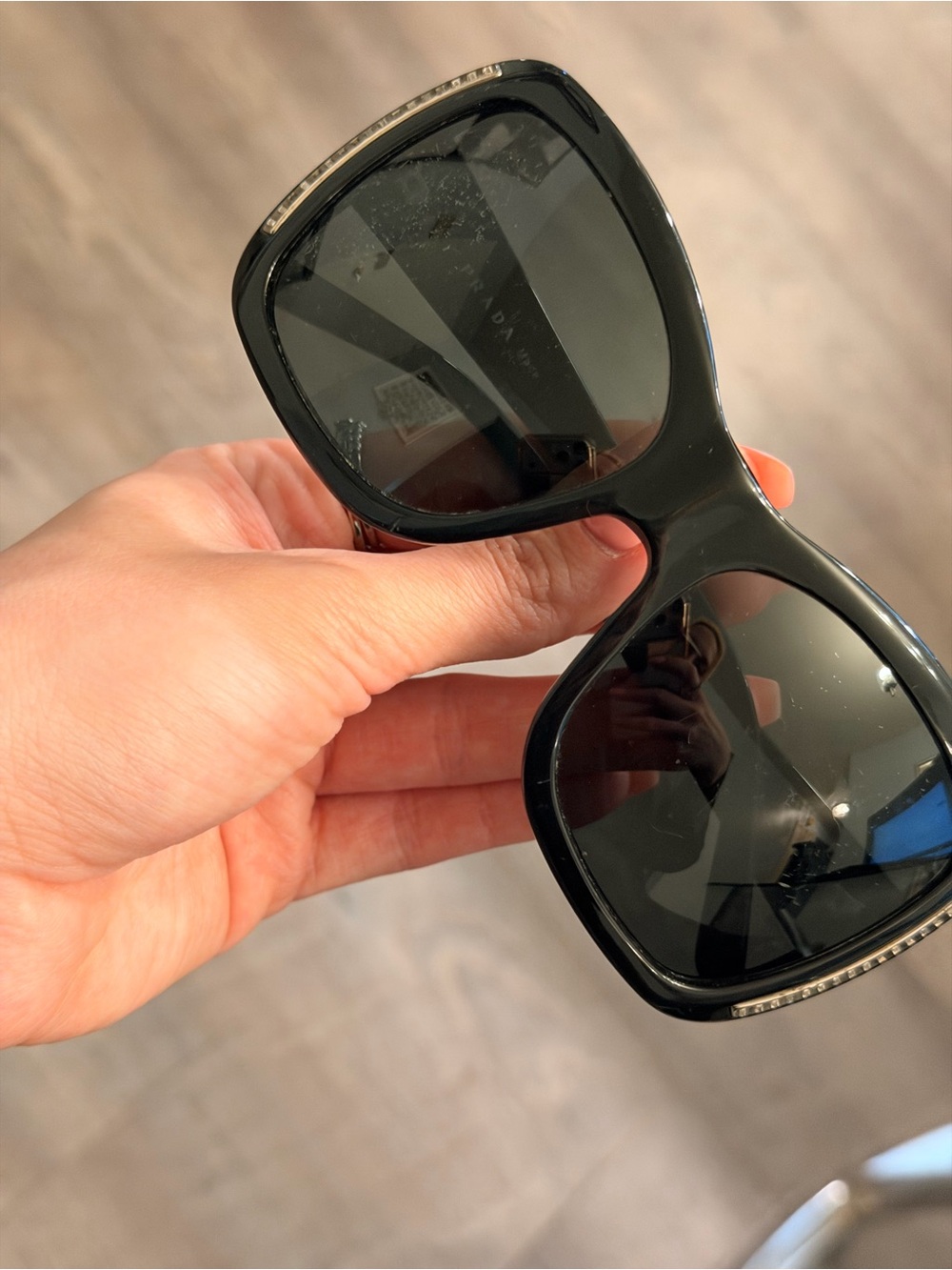 Prada Glossy Black Square Sunglasses with Rhinestones and Gold Logo - Picture 2 of 7